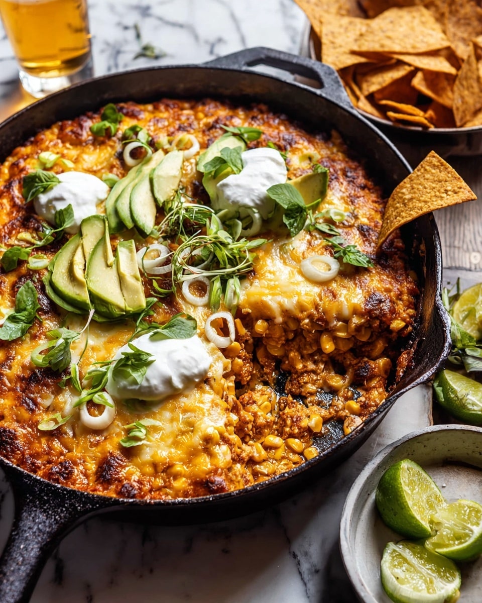 A black cast iron pan filled with a layered casserole featuring a golden, bubbly melted cheese crust on top. Beneath the cheese are visible layers of corn, shredded chicken, and sauce, showing a rich texture. On top, there are dollops of white sour cream, fresh green avocado slices, thin white onion rings, and small green herb leaves scattered around, adding freshness and color. A couple of golden-brown tortilla chips are partially dipped into the casserole on one side. The pan sits on a white marbled surface with lime halves and a small white dish filled with more tortilla chips around it, along with a blurred glass of beer in the background. Photo taken with an iphone --ar 4:5 --v 7
