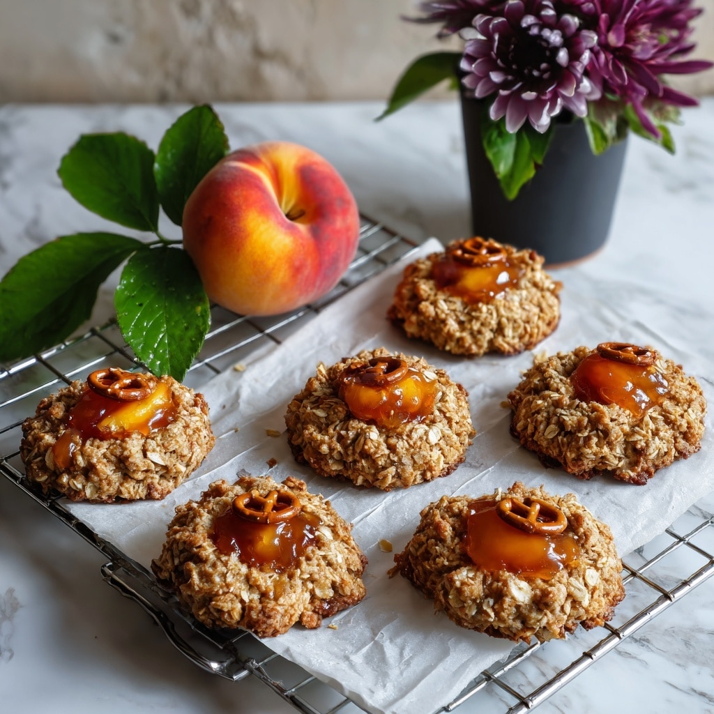 The image shows six round oatmeal cookies on a piece of parchment paper placed on a cooling rack, with a peach and a purple flower in a vase next to them. Each cookie has a rough, chunky texture from the oats and nuts and is topped with a small, whole pretzel covered in shiny orange jam. The cookies are light beige with bits of red and brown inside, and the jam glistens in the light, creating a contrast with the matte oat surface. The peach is fuzzy and orange with droplets of water, and the background has a white marbled texture. photo taken with an iphone --ar 4:5 --v 7