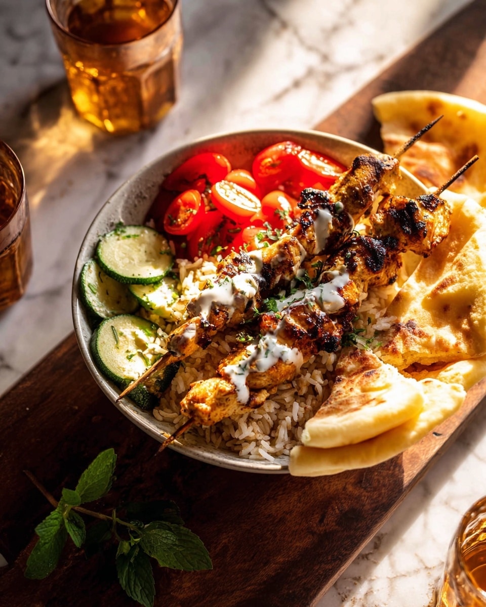 The image shows a white bowl filled with a meal that has several layers: at the bottom, there is a layer of light brown rice, on the right side the rice is partly covered by two folded light golden flatbreads. On top of the flatbreads and rice, there are three grilled chicken skewers with a charred golden brown texture, each skewer has small pieces of chicken stacked closely together, drizzled with white sauce and sprinkled with green herbs. To the left of the skewers, there are grilled vegetable pieces including dark green zucchini slices and bright red bell pepper chunks with char marks. Near the center, there are slices of fresh red cherry tomatoes and a few small green herb leaves placed on top. The bowl is placed on a wooden surface with some green leaves and two glasses of light amber liquid nearby. The photo taken with an iphone --ar 4:5 --v 7