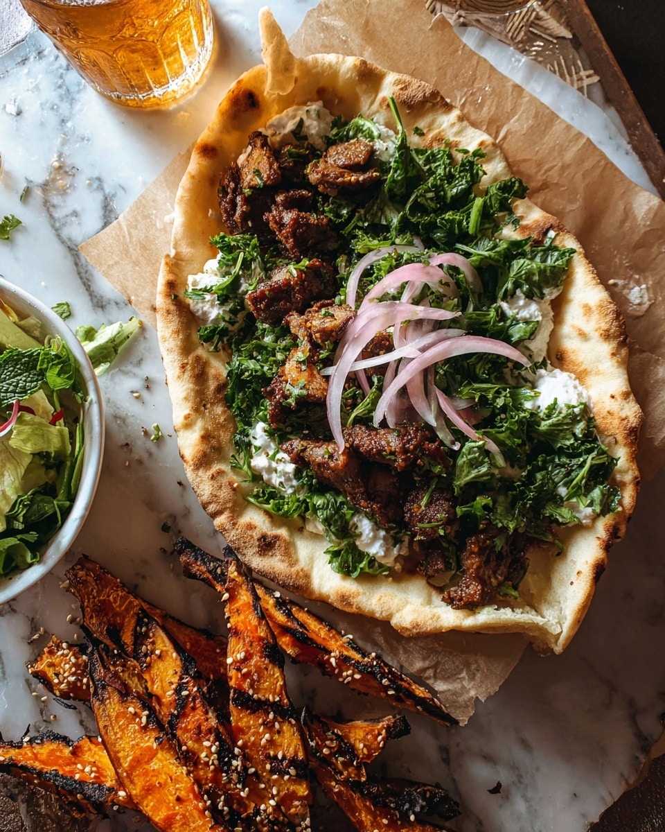 A large, soft flatbread is folded to hold the filling, forming one thick layer with a light golden brown color and a fluffy texture. Inside, the first filling layer is a generous amount of dark brown, grilled pieces of spiced meat with a slightly crispy surface. On top of this, bright green chopped herbs and leafy greens form a fresh, dense layer. Scattered across the top are small dollops of white sauce adding creamy spots to the mix. Near the open side of the flatbread, pink thinly sliced onions rest on top of the greens, adding a contrasting color. To the side, thick wedges of grilled sweet potatoes, covered with toasted sesame seeds and char marks, provide a rough-textured orange and golden brown layer. A small white bowl nearby holds more leafy greens with slices of onions. The table beneath has a white marbled texture, and a glass with a light amber drink sits at the top right corner. photo taken with an iphone --ar 4:5 --v 7