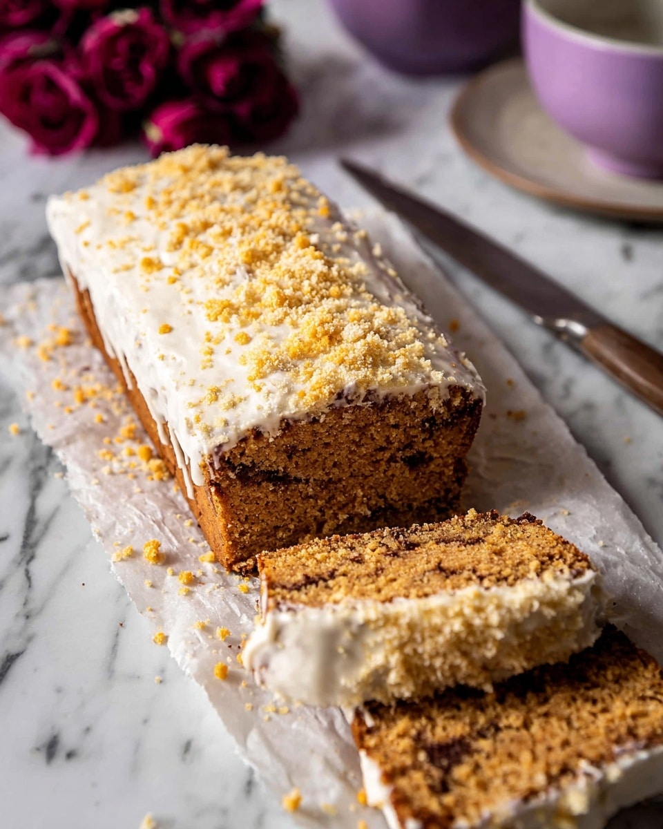 A loaf cake with two visible layers, topped with a smooth white glaze that covers the top and sides, sprinkled with light yellow crumb pieces unevenly scattered over the glaze. The first layer is a moist orange-brown cake with darker swirls of chocolate or fruit running horizontally through the middle. One slice is cut and placed in front of the loaf on white parchment paper on a white marbled surface, showing the crumbly texture of the cake and the inner swirl pattern. A purple bowl with crumbs and a knife are blurred in the background, along with two pinkish roses on a wooden board. Photo taken with an iphone --ar 4:5 --v 7