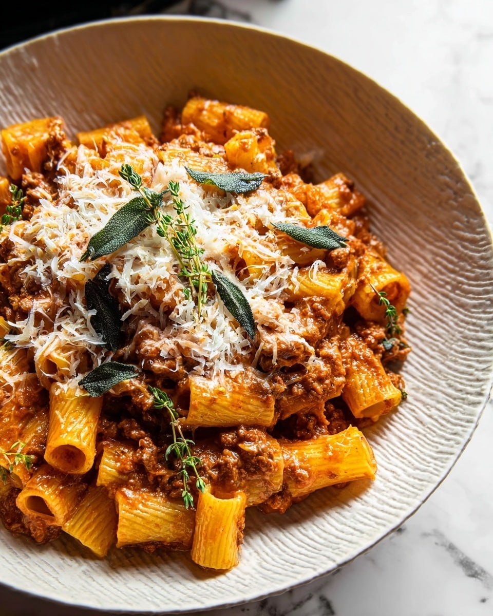 The dish is a bowl of rigatoni pasta covered in a rich, chunky tomato and meat sauce. The pasta pieces are yellow-orange, coated evenly with the reddish-brown sauce that has visible meat bits mixed inside. On top, there is a layer of shredded white cheese sprinkled generously over the pasta, adding a light texture contrast. Scattered on the top are dark green fried sage leaves and small fresh thyme sprigs, adding a touch of color and freshness. The bowl is white with a textured pattern, and the setting is on a white marbled surface. photo taken with an iphone --ar 4:5 --v 7