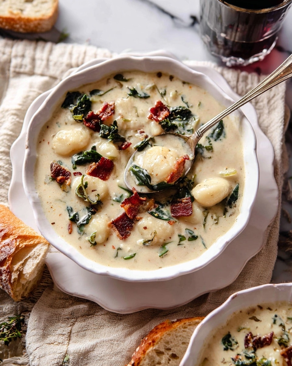 A white scalloped bowl filled with creamy soup containing soft, pale gnocchi pieces, wilted dark green kale, and small, crispy reddish-brown bacon chunks scattered on top. A silver spoon dips into the soup, lifting a gnocchi piece and some greens. The bowl rests on a white scalloped plate, placed on a textured, cream-colored cloth, with chunks of crusty bread on the side and a glass of dark liquid nearby, all against a white marbled background. photo taken with an iphone --ar 4:5 --v 7