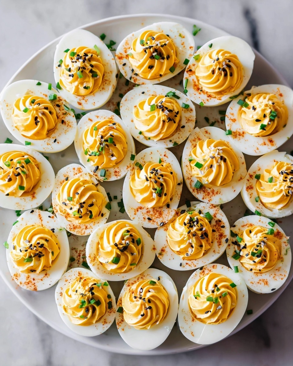 A large white plate filled with many halved boiled eggs arranged closely together, each egg having two layers: a smooth, shiny, white egg white base, and a swirled, creamy, bright yellow yolk mixture piped neatly on top, with a soft, textured appearance. The yolk layer is sprinkled with small black and white sesame seeds, light-colored seasoning bits, and tiny chopped green chives scattered on each egg and around them, creating a fresh contrast. The plate is set on a white marbled surface, adding a clean and elegant background. photo taken with an iphone --ar 4:5 --v 7