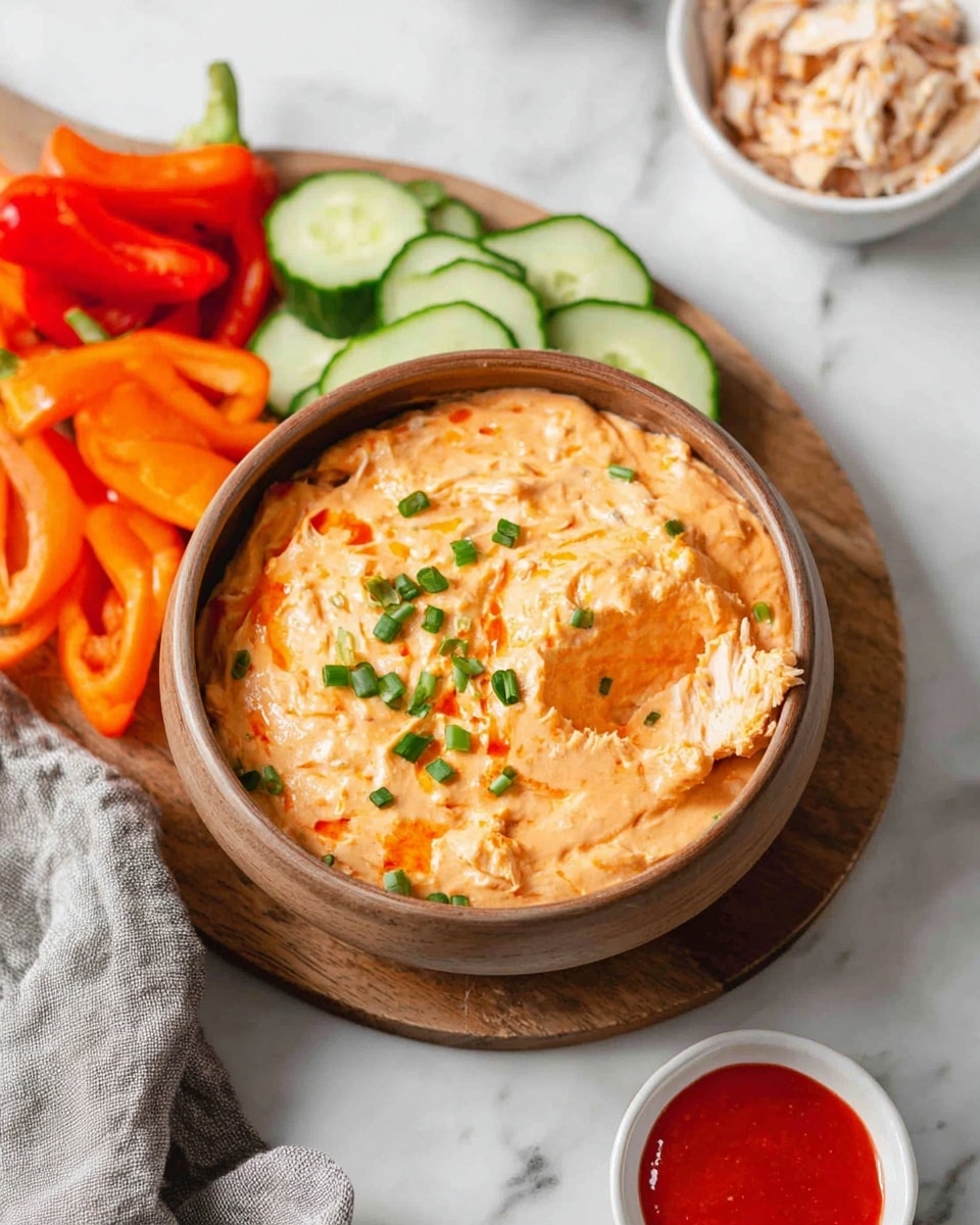 A round brown bowl filled with creamy orange-colored dip that has a smooth and slightly chunky texture, topped with small green chive pieces. The dip is mixed with shredded white chicken, visible on one side where some dip is scooped out. The bowl sits on a round wooden cutting board surrounded by fresh sliced green cucumbers and halved orange and red mini bell peppers. A small white bowl with shredded chicken and a small white dish with bright red sauce are positioned nearby on a white marbled surface, alongside a gray cloth. photo taken with an iphone --ar 4:5 --v 7