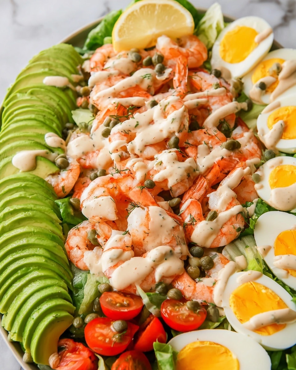 The dish is a colorful shrimp salad layered on a white plate with a white marbled background. The bottom layer consists of fresh green lettuce leaves, topped with slices of avocado arranged in a neat row on one side. Halved cherry tomatoes add small pops of bright red throughout the salad. Hard-boiled eggs sliced in half reveal their vibrant yellow yolks and smooth white edges layered evenly across the dish. Plump, cooked shrimp with a pink-orange hue are generously scattered on top, drizzled with a creamy light beige dressing. Small green capers are sprinkled across the entire salad for texture. A wedge of lemon with a pale yellow center and white rind is placed near the sliced avocado, adding a fresh touch. Photo taken with an iphone --ar 4:5 --v 7