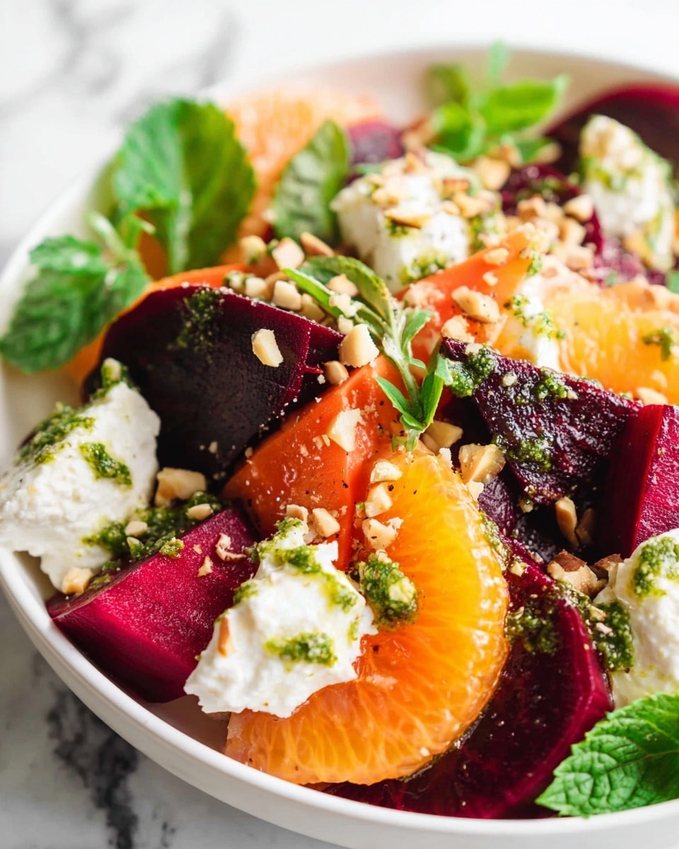 A white bowl filled with a colorful salad showing layers of beet slices in dark purple, orange carrot chunks, and bright red citrus segments, topped with small dollops of white cheese. The salad has a green herb sauce drizzled over it and chopped nuts sprinkled on top. Fresh green leaves are scattered throughout, adding a fresh look, all placed on a white marbled surface. photo taken with an iphone --ar 4:5 --v 7