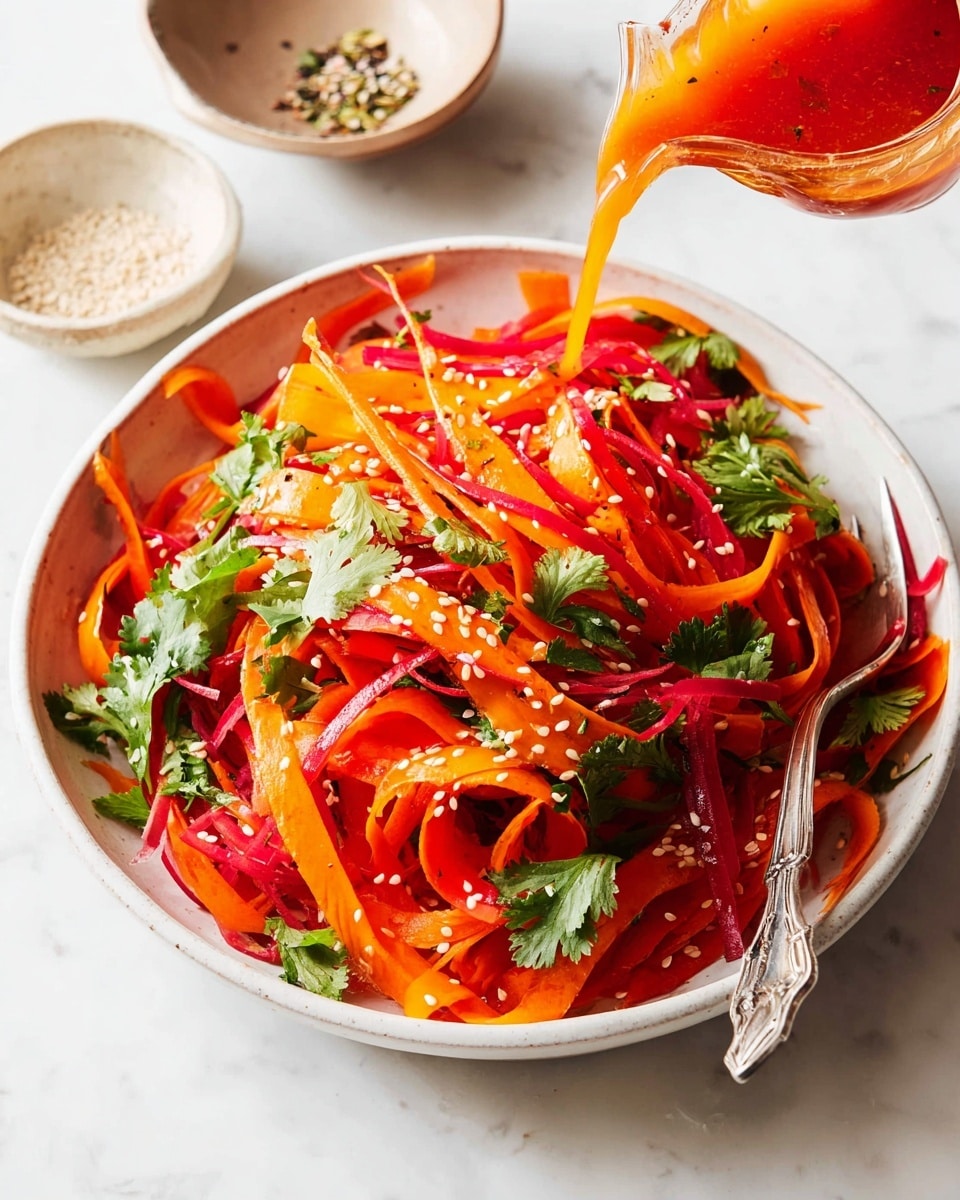 A white bowl is filled with thin, long ribbons of bright red and orange vegetables, mixed together in a light, glossy dressing. Fresh green cilantro leaves are scattered on top, adding some contrast. Tiny white sesame seeds are sprinkled evenly over the whole dish. A silver fork rests inside the bowl, slightly tangled with the vegetable ribbons. The bowl sits on a white marbled surface and the edges of small bowls with seasoning and herbs are visible around it. A woman's hand is pouring a red sauce over the salad from above. Photo taken with an iphone --ar 4:5 --v 7