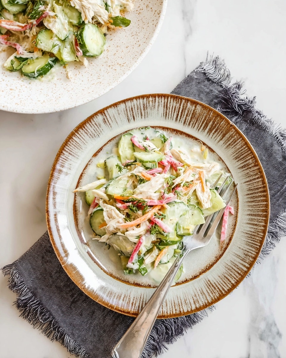 A plate with brown stripes around the edge holds a fresh salad made of sliced cucumbers in light green, shredded pink pickled vegetables, shredded chicken in light tan, and small pieces of green herbs mixed with thin yellow carrot strips, all lightly coated in a creamy white dressing. A silver fork rests inside the plate on a folded dark gray cloth with frayed edges, sitting on a white marbled surface. In the upper part, a larger white speckled plate holds more of the same salad. photo taken with an iphone --ar 4:5 --v 7
