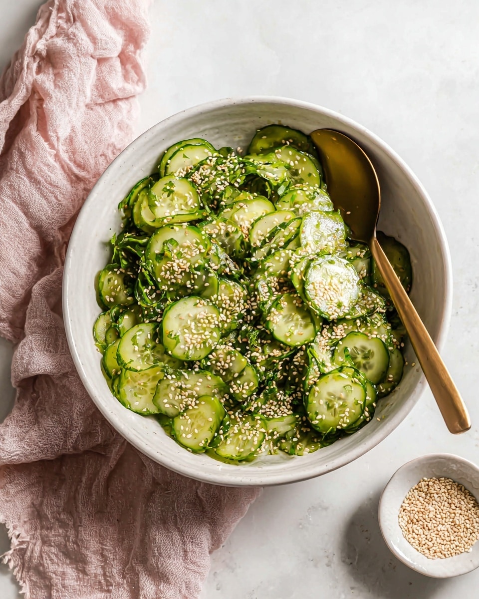A bowl of green cucumber salad has thin slices of cucumber layered evenly with bits of green herbs mixed in. Light brown sesame seeds are sprinkled on top, adding texture. The salad is in a white bowl sitting on a white marbled surface. A brass spoon rests inside the bowl on the right side. To the left of the bowl, there is a soft, wrinkled pink cloth, and at the bottom right, a small white bowl holds extra sesame seeds. Photo taken with an iphone --ar 4:5 --v 7