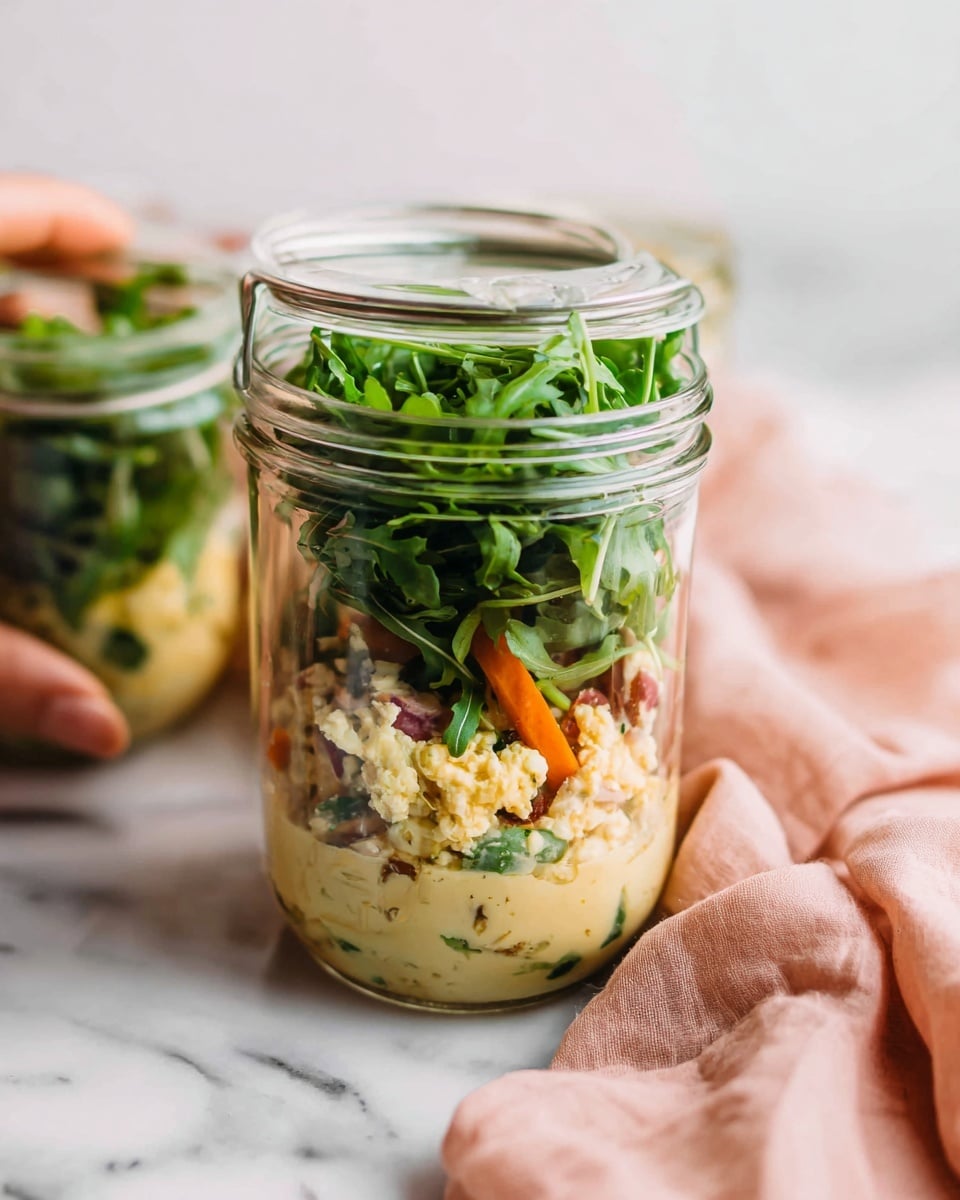 The image shows a clear glass jar with a lid open, placed on a white marbled surface next to a soft pink cloth. Inside the jar, there are two distinct layers: the bottom layer is a creamy, chunky mixture with a pale yellow color and small bits of green and purple, and the top layer is a thick bunch of fresh, dark green arugula leaves with some orange carrot sticks visible among the greens. The jar is held by a woman's hand from the left side. Another similar jar is blurred in the background. Photo taken with an iphone --ar 4:5 --v 7
