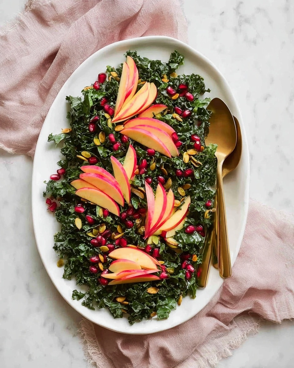 A white oval plate holds a fresh green kale salad as the base layer, chopped finely and spread evenly across the plate. On top of the kale, scattered bright red pomegranate seeds and light brown pumpkin seeds add a splash of color and texture. Four small clusters of thinly sliced apple with a pinkish-yellow skin are neatly arranged across the salad, each group fanning out gently from the center. To the right side of the plate, two slender gold-colored serving spoons rest partly on the salad and plate. The plate is set on a white marbled surface with a soft pink cloth gently placed underneath, adding a touch of warmth to the scene. photo taken with an iphone --ar 4:5 --v 7