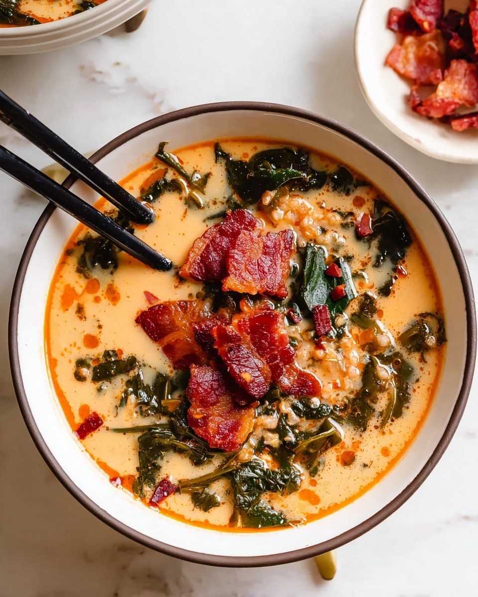 A white bowl with a thin dark rim holds a creamy soup with an orange tint and scattered oil droplets on the surface. Inside the soup are dark green leafy pieces, small beige grains, and several shiny, dark red chunks of crispy bacon sitting on top. A pair of black chopsticks rests on the edge of the bowl, partially submerged in the soup. Around the bowl is a white marbled surface with a glimpse of another white bowl holding more bacon pieces in the top right corner. photo taken with an iphone --ar 4:5 --v 7