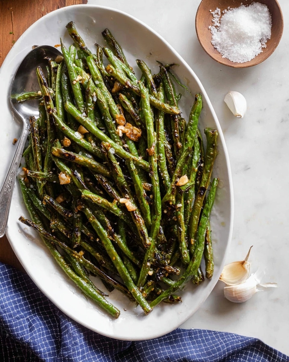 A large white oval plate holds a layer of cooked green beans that are slightly charred with dark brown spots. The green beans are mixed with small pieces of golden brown garlic and sprinkled with coarse salt. A silver spoon rests on the left side of the plate, partially under the beans. Around the plate, on a white marbled surface, there are garlic cloves and a small brown wooden bowl filled with coarse salt. A blue and white checkered cloth is partially visible in the bottom left corner. Photo taken with an iphone --ar 4:5 --v 7