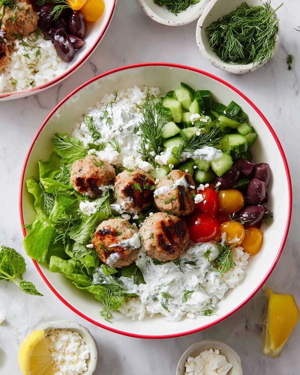 A white bowl with a red rim holds a colorful layered dish starting with a base of fluffy white rice at the bottom. On top of the rice are small, round grilled meatballs with light brown, slightly charred spots. To one side of the bowl, there are bright green chopped cucumbers, with a few sprigs of dill scattered over them. Next to the cucumbers are dark purple olives and a mix of halved yellow and red cherry tomatoes, resting on a bed of fresh lettuce. Dollops of white creamy tzatziki sauce, speckled with green herbs, are placed beside the meatballs. Crumbled white feta cheese is sprinkled across the dish, along with fresh green herbs like dill and mint, and a lemon wedge sits near the edge. The bowl is on a white marbled surface surrounded by small white bowls of herbs and cheese. Photo taken with an iphone --ar 4:5 --v 7
