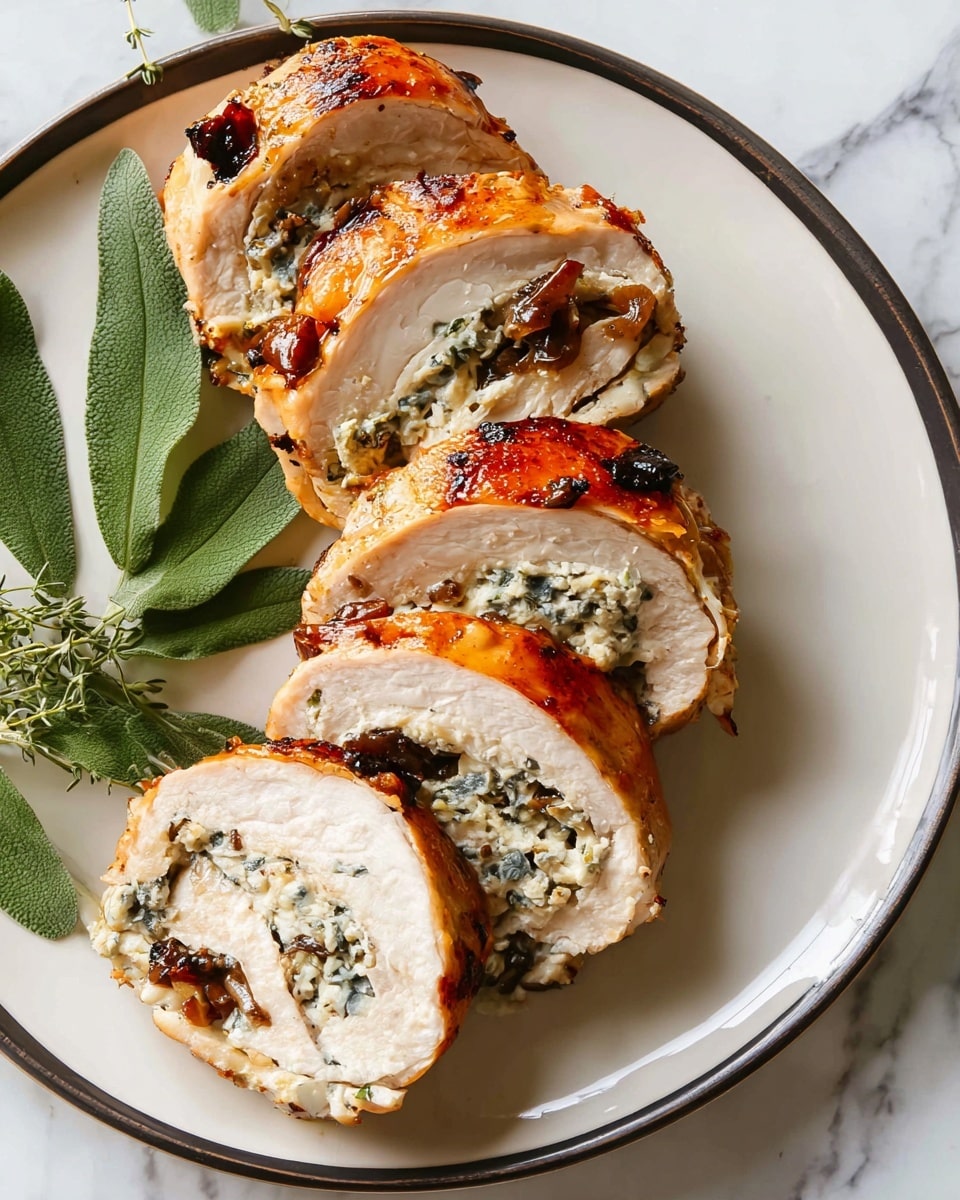 This dish shows several slices of stuffed chicken breast arranged in a curved line on a white plate with a dark rim. Each slice has two main layers: the outside layer is golden brown and slightly crispy chicken skin with some charred spots, and the inside layer is creamy white filling mixed with small bits of dark mushrooms or herbs. At the top left corner of the plate, there are fresh green leaves as decoration. The plate sits on a surface with a white marbled texture. photo taken with an iphone --ar 4:5 --v 7
