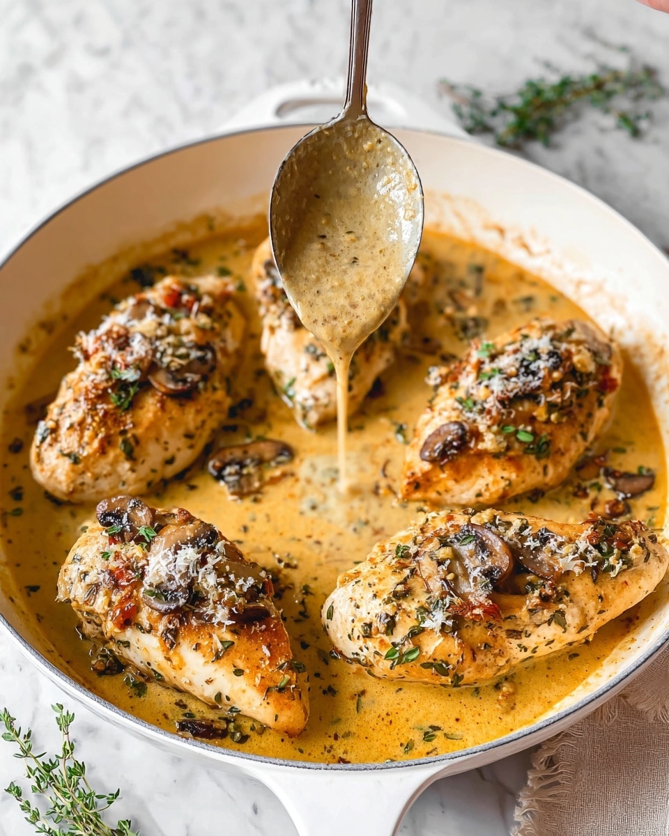 A white skillet contains four cooked chicken breasts in a rich, creamy sauce. The chicken pieces have a golden-brown color with a slightly crispy texture and are topped with small browned mushroom slices and sprinkled with grated cheese and green herbs. The sauce is thick, golden orange with herb specks, surrounding each piece and partially bubbling at the edges of the skillet. A silver spoon held by a woman’s hand is pouring sauce over the chicken breast at the bottom right. The skillet rests on a white marbled surface with a few sprigs of fresh green herbs around. photo taken with an iphone --ar 4:5 --v 7