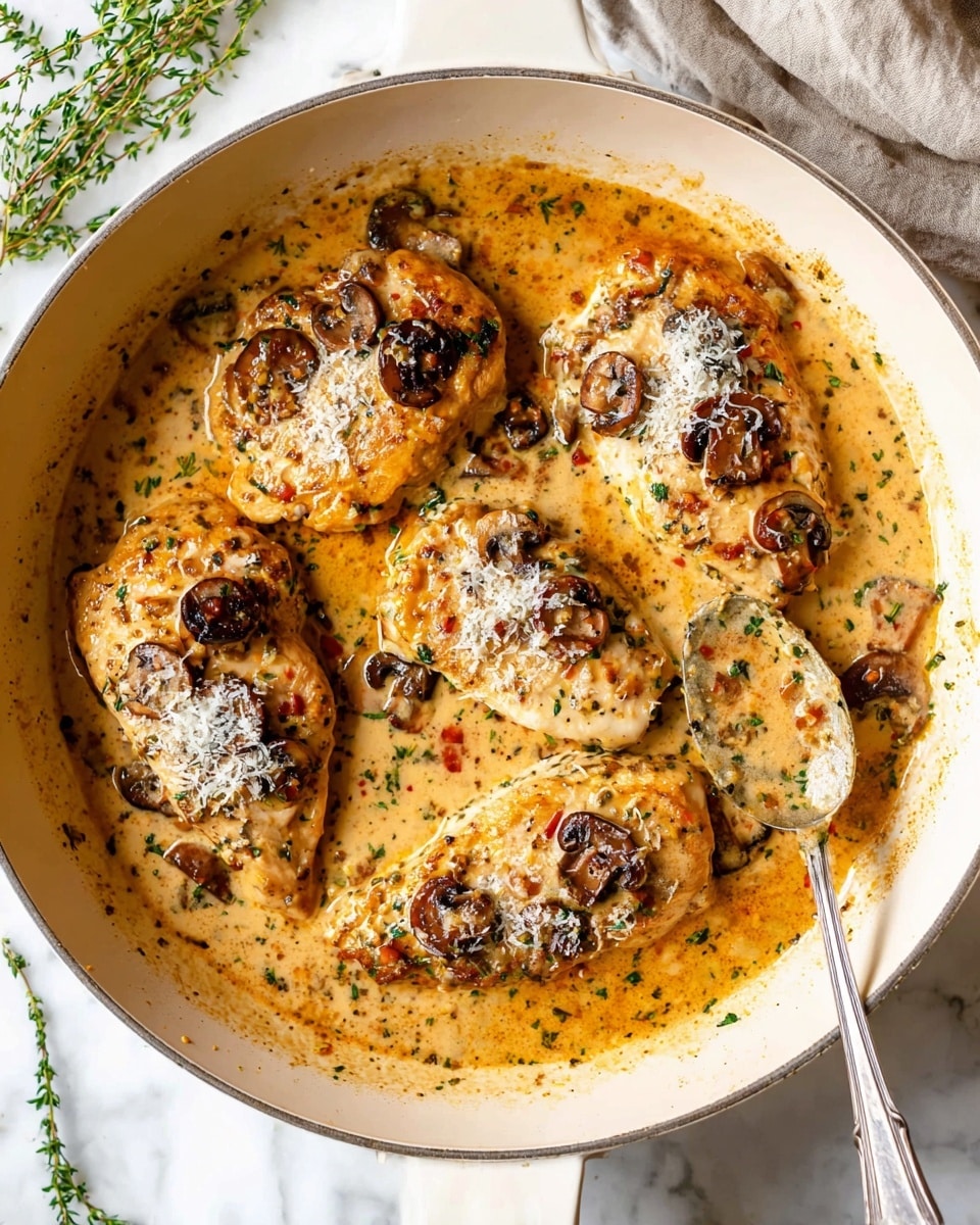 A white skillet holds four thick, golden-brown chicken breasts in creamy orange sauce with visible herbs and spices. Each chicken piece is topped with small, dark brown mushroom slices and a sprinkle of grated white cheese. The sauce looks rich and slightly oily, with bubbles and herbs floating in it. A woman's hand holds a spoon covered with the sauce near the bottom right corner. The skillet sits on a white marbled surface with some sprigs of fresh thyme nearby. Photo taken with an iphone --ar 4:5 --v 7
