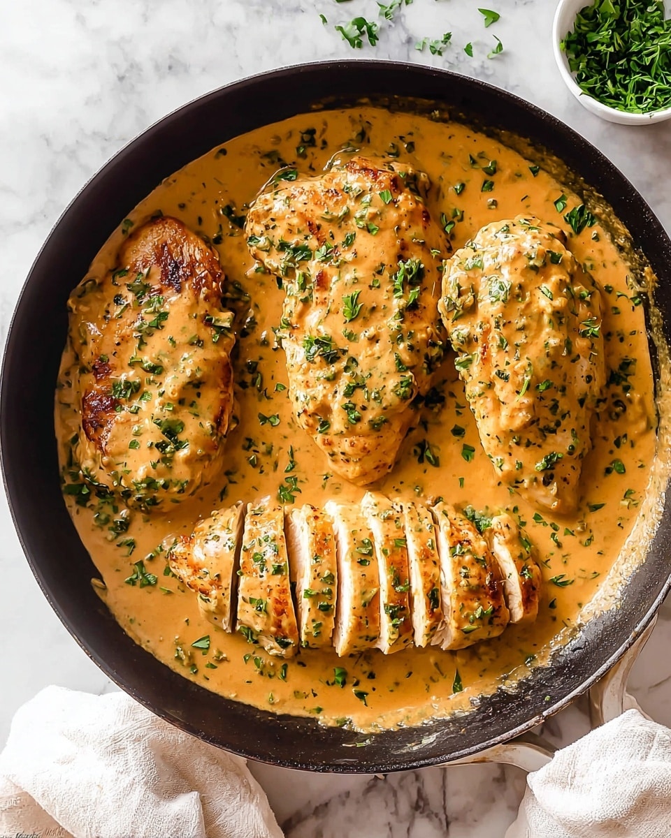 A black skillet filled with four pieces of cooked chicken breasts covered in thick, creamy orange sauce with green herb bits sprinkled on top. One chicken breast is sliced into five even pieces, showing a juicy inside coated with sauce, while the other three pieces remain whole and are laid flat in the sauce. The skillet is placed on a white marbled surface with some green herbs in a small white bowl nearby and a light-colored cloth partially visible in the corner. Photo taken with an iphone --ar 4:5 --v 7
