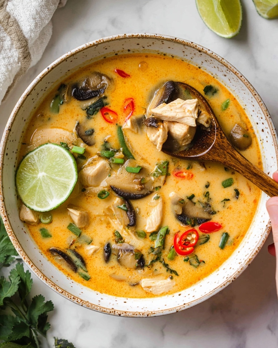 A white bowl with a tan speckled rim filled with creamy orange soup containing pieces of white chicken, dark brown mushroom slices, bright green onion slices, and red chili strips. Two fresh lime wedges rest on one side, adding a fresh green color. A wooden spoon with a piece of chicken is partially dipped in the soup, held by a woman's hand. The bowl is placed on a white marbled surface with some green herbs visible nearby. Photo taken with an iphone --ar 4:5 --v 7