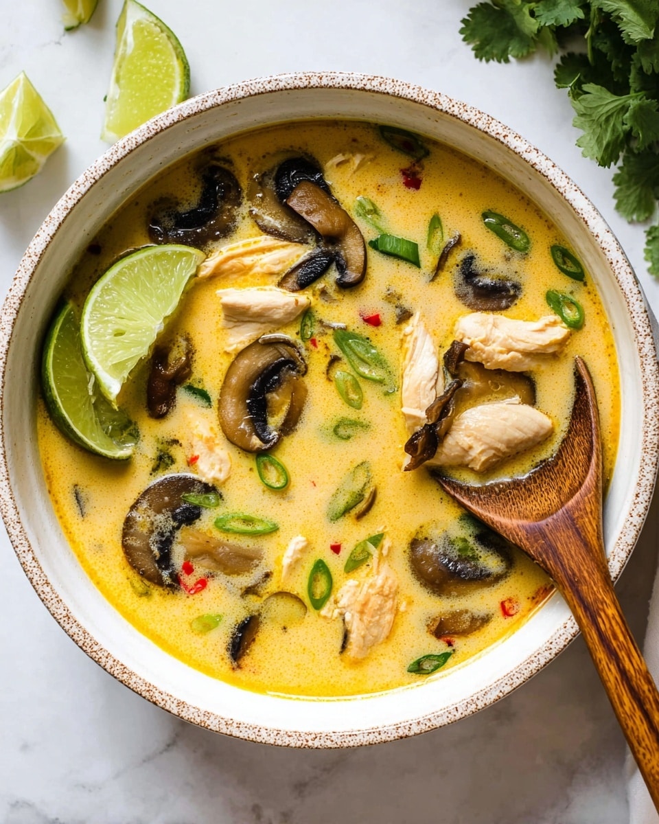 The image shows a bowl of creamy yellow soup with visible layers and textures. The soup contains several pieces of light beige chicken strips and dark brown mushroom slices spread evenly in the yellow broth. Thin green scallion rings and small red chili slices are scattered throughout. Two fresh lime wedges rest on the surface near the left side of the bowl, adding a bright green pop of color. A wooden spoon holds a chunk of chicken, partially dipped in the soup on the right side. The bowl is white with a speckled beige and brown rim, placed on a white marbled surface with a few green cilantro leaves peeking from behind. Photo taken with an iphone --ar 4:5 --v 7