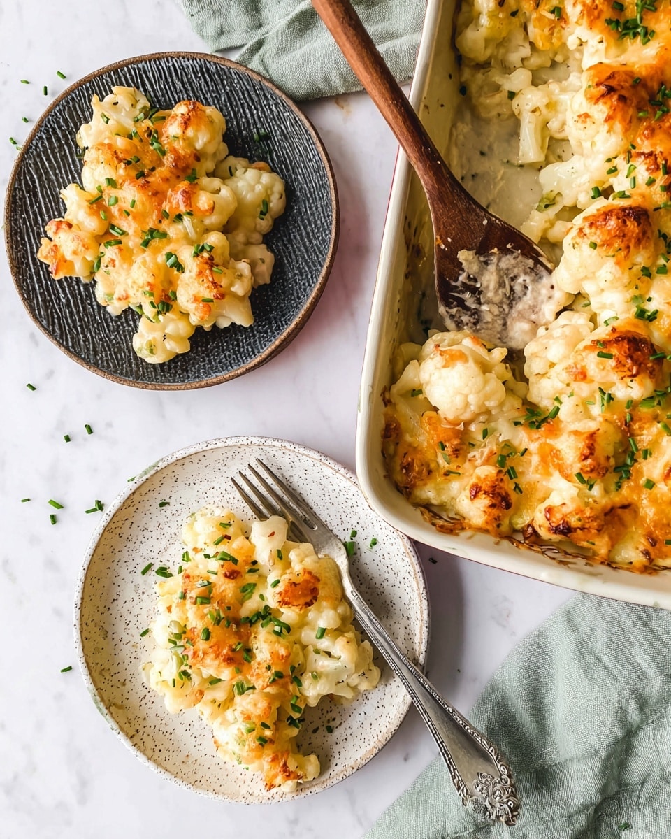 A creamy baked cauliflower dish is shown in three places on a white marbled background: one scoop in a white speckled plate at the bottom center with a metal fork on the right edge, another scoop on a dark textured plate at the top left with a silver fork partially visible, and the main baking dish at the top right filled with more of the cauliflower mix, topped with golden brown baked cheese and sprinkled with green chopped chives; a wooden spoon is scooping some from the baking dish. Photo taken with an iphone --ar 4:5 --v 7