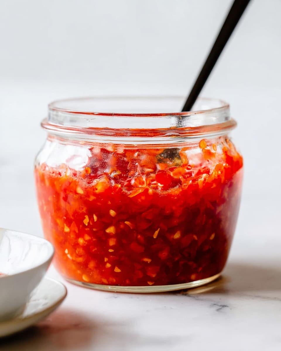 A clear glass jar filled about two-thirds with a bright red chunky sauce made of finely chopped ingredients, showing a thick texture with small pieces floating inside; a black spoon is inserted, standing upright in the jar, with the top part extending above the rim. The jar sits on a white marbled surface with part of a white plate blurred in the foreground. The background is also white with a soft, even light that highlights the glossy look of the sauce. photo taken with an iphone --ar 4:5 --v 7