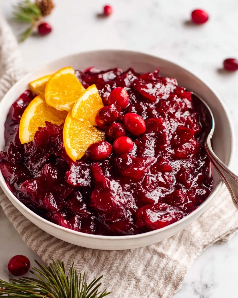 A white bowl filled with a thick, chunky, deep red cranberry sauce with visible whole cranberries and small pieces mixed throughout; on top, two sliced orange wedges and several fresh whole cranberries add contrast; a silver spoon is partially inserted on the right side of the bowl; the bowl sits on a light beige striped cloth on a white marbled surface, with a few loose cranberries and small pine needles around the bowl. photo taken with an iphone --ar 4:5 --v 7