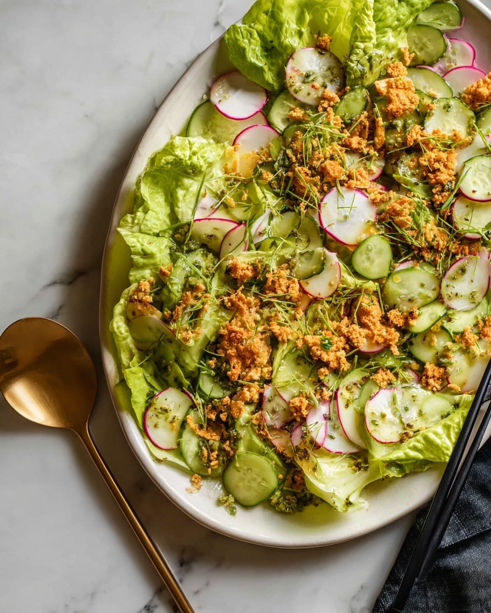 A large white plate with a fresh salad arranged in three main layers: the bottom layer has bright green butter lettuce leaves with a soft texture, the middle layer consists of thinly sliced radishes with a white center and red edges, and thinly sliced cucumbers with pale green centers and darker green skins; the top layer is sprinkled with small, crumbled orange-brown crunchy pieces and chopped green herbs, creating a textured contrast. The salad is lightly dressed with a glossy, green herb vinaigrette visible on the vegetables. A gold spoon and black chopsticks rest on the right side of the plate on a white marbled surface. photo taken with an iphone --ar 4:5 --v 7