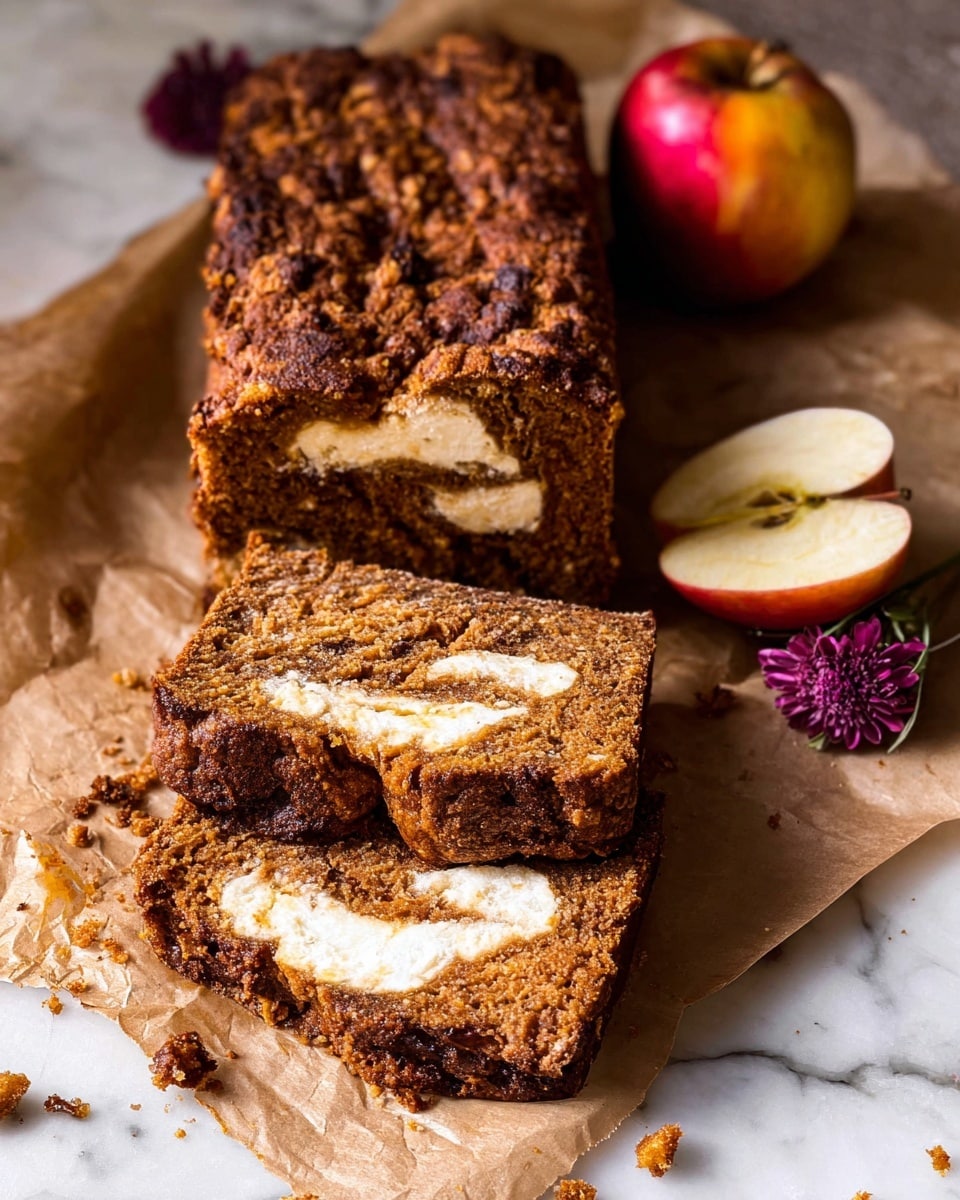 The image shows a loaf of brown cake with a rough, textured dark golden crust. The cake is sliced, revealing two layers inside: a dense brown cake layer with a swirl of creamy white filling running horizontally through the middle. The slices are stacked slightly, with crumbs scattered around them on brown parchment paper. Next to the loaf, there is a halved red and yellow apple with its seeds visible and deep purple flowers. The whole scene is set on a white marbled surface. photo taken with an iphone --ar 4:5 --v 7