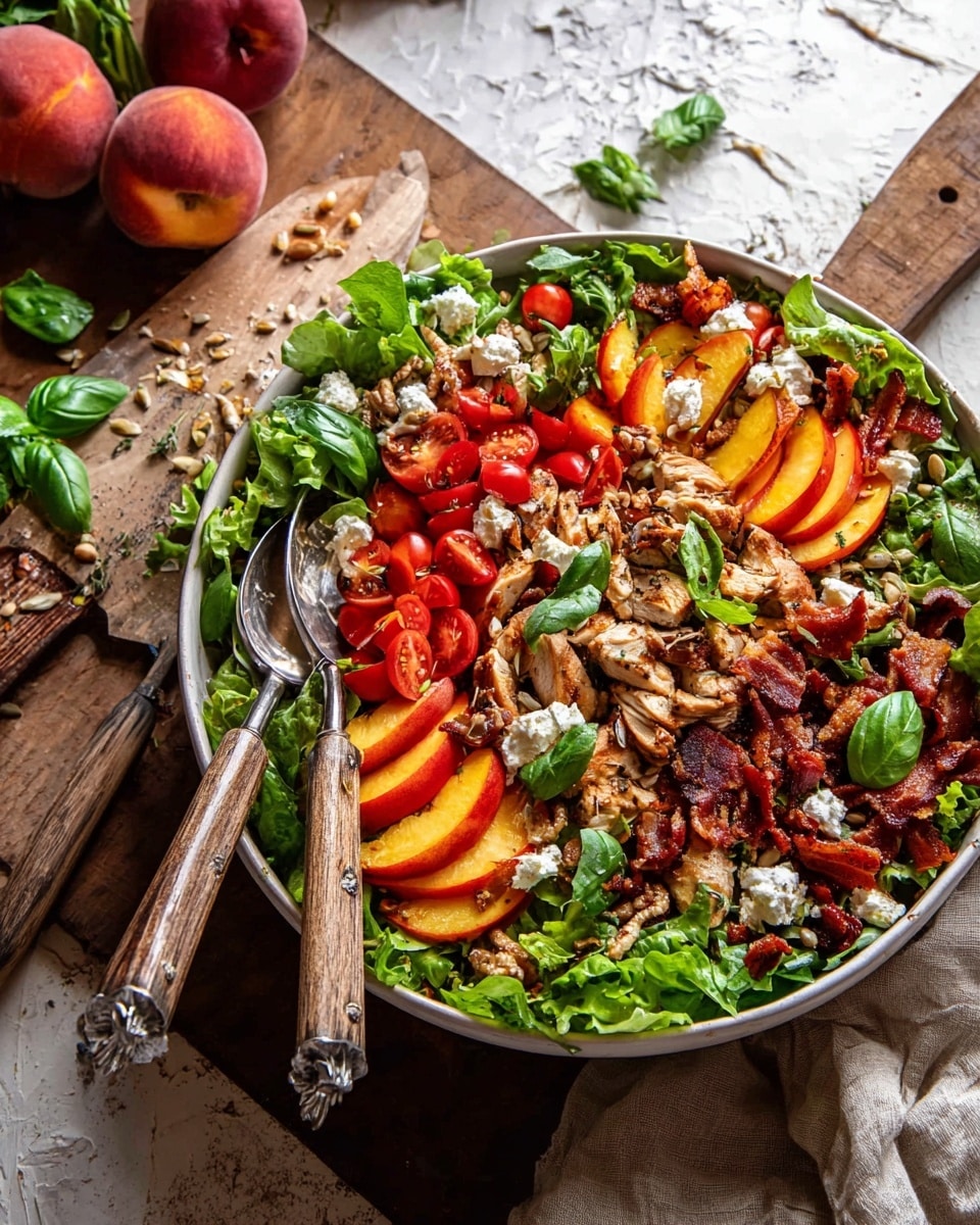 A large white bowl filled with a colorful salad sits on a wooden table with a white marbled texture background. The salad has layers starting with fresh green leafy lettuce covering most of the bowl. On top are sliced bright orange peaches, halved red cherry tomatoes, pieces of grilled brown chicken, and crispy reddish-brown bacon strips scattered around. Small dollops of white cheese and green basil leaves are spread evenly, with some sunflower seeds sprinkled throughout. A wooden spoon and fork with silver handles rest inside the bowl. In the background on the table, there is a whole peach and a large knife with basil leaves near its blade. Photo taken with an iphone --ar 4:5 --v 7