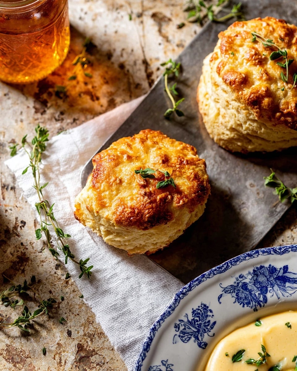 The image shows a close-up of two golden-brown biscuits with a crispy top layer and soft, flaky inside, stacked on each other on a piece of linen cloth. The top biscuit is sprinkled with small green herb leaves. The biscuits sit on a rough wooden surface with a white marbled texture. To the left, there is a glass jar filled with amber-colored syrup with a spoon inside. To the right edge, part of a white plate with blue floral patterns holds a light yellow sauce garnished with green herbs, with a silver spoon resting in the plate. Some green herb sprigs are scattered around the scene. Photo taken with an iphone --ar 4:5 --v 7