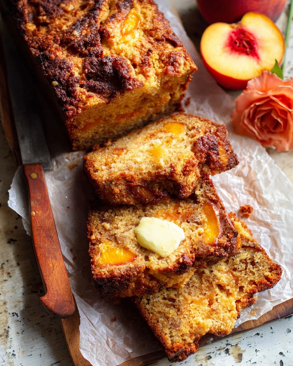 A close-up view of a golden-brown loaf of peach bread resting on parchment paper over a white marbled surface, cut into three thick slices arranged unevenly; the top layer is crispy and slightly burnt with visible peach chunks embedded, the middle layer shows moist, dense bread with a warm orange tint, and the bottom crumb has a soft, slightly grainy texture with bits of fruit; one of the slices has a small pat of melting yellow butter on top, next to a wooden knife with a dark handle, and two whole peaches and an orange rose are placed nearby in the background; photo taken with an iphone --ar 4:5 --v 7