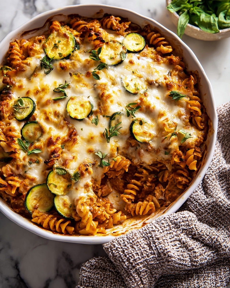 A white round casserole dish filled with a baked pasta casserole showing multiple layers; the bottom and middle layers are made of spiral pasta mixed with thin slices of green zucchini, a creamy sauce, and flecks of herbs, while the top layer is a golden-brown melted cheese crust with bubbly, slightly browned cheese spots and small sprigs of fresh green herbs scattered on top. The dish rests on a white marbled surface with a textured gray and mustard-colored cloth nearby. Photo taken with an iphone --ar 4:5 --v 7
