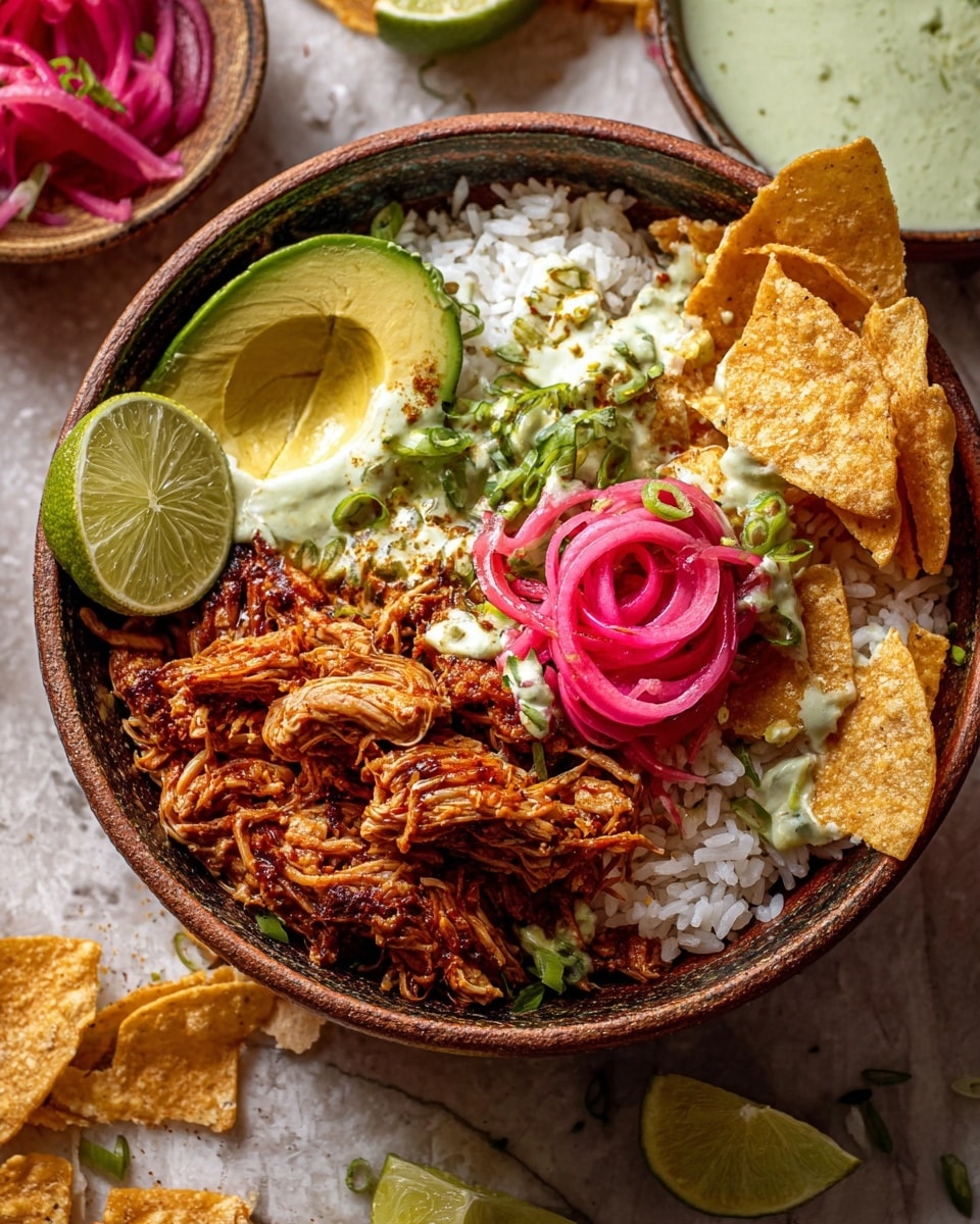 A rustic bowl filled with shredded, reddish-brown meat on one side, topped with a bright green slice of avocado; next to it is a white layer of fluffy rice topped with thin green onion slices, creamy light green sauce, and several golden, crispy tortilla chips on the edge. The bowl also contains a quartered lime wedge and a swirl of vibrant pink pickled onions on top. The bowl sits on a white marbled surface with extra lime wedges and tortilla chips scattered around. Photo taken with an iphone --ar 4:5 --v 7