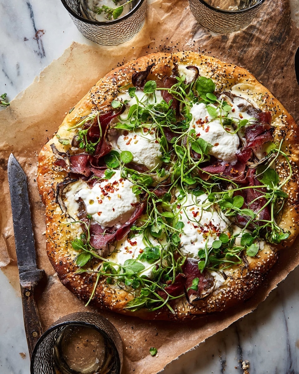 A round toasted pizza with a golden brown crust sprinkled with sesame seeds forms the base layer. On top, thin slices of roasted mushrooms spread evenly, followed by pieces of dark red cured meat. Several dollops of creamy white cheese with a soft, slightly melted texture sit atop the meat. Fresh, bright green watercress leaves are scattered over the cheese and meat, adding a fresh, leafy layer with a touch of chili flakes sprinkled lightly for color contrast. The pizza rests on brown parchment paper placed on a white marbled surface, with a rustic-style knife and two textured glass tumblers nearby. photo taken with an iphone --ar 4:5 --v 7
