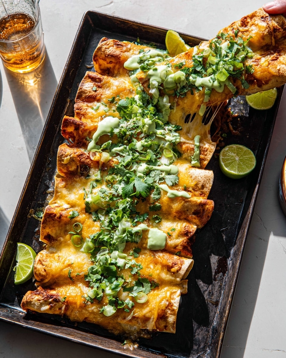 A dark metal tray holds six rolled enchiladas covered with melted golden cheese that stretches as a woman's hand lifts one from the tray. The enchiladas are topped with bright green chopped cilantro leaves and thin slices of green onions, along with two halves of squeezed lime placed on the tray. Creamy light green sauce is drizzled over the top, adding a fresh and smooth texture. The tray sits on a white marbled surface with a glass of amber liquid nearby. photo taken with an iphone --ar 4:5 --v 7