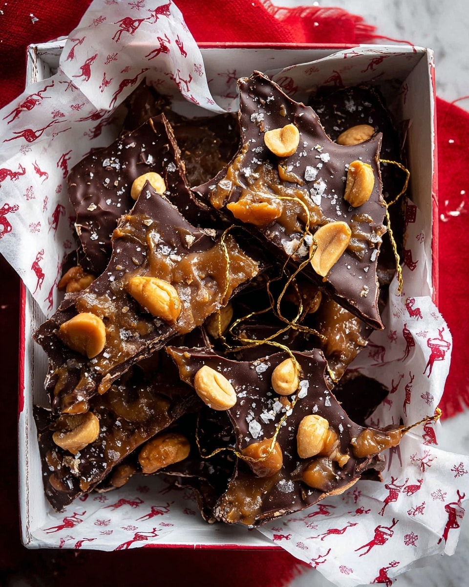 A white box filled with irregular pieces of chocolate bark, each piece having a thick dark brown chocolate base with a rough texture. On top of the chocolate, there are scattered whole golden peanuts and a light sprinkling of coarse salt crystals, adding a rough texture and light shiny spots. Some pieces show a glistening layer of golden caramel with a sticky, smooth texture over the chocolate. A thin golden ribbon weaves through the bark pieces, adding a soft shiny contrast. The box is lined with white paper printed with small red reindeer and hearts. The whole scene is set on a white marbled surface, visible around the edges. Photo taken with an iphone --ar 4:5 --v 7