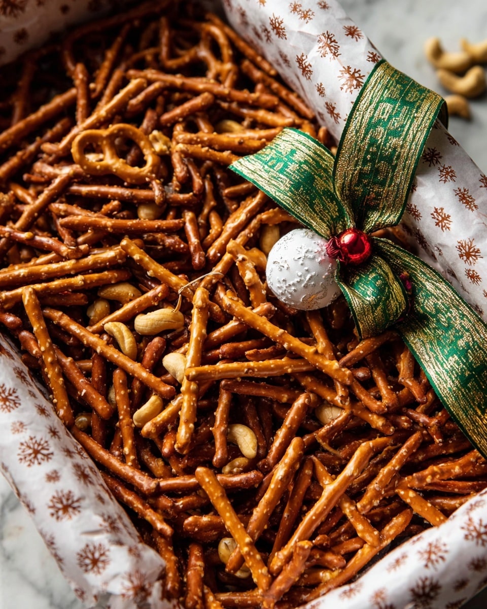 A close-up view of a large box lined with white paper that has light brown snowflake prints, filled with many thin, crunchy, golden-brown pretzel sticks. Scattered among the pretzels are a few light brown cashew nuts. A green and gold patterned ribbon winds across the top, adding a decorative touch along with a white ornament decorated with red beads placed slightly off-center in the mix. The whole setup is placed on a white marbled texture surface. photo taken with an iphone --ar 4:5 --v 7