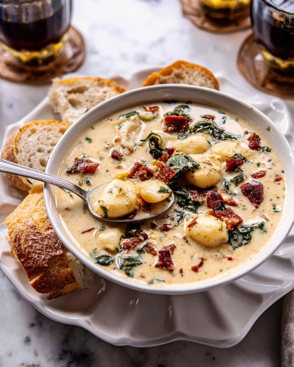 The image shows a white bowl filled with creamy soup that has three layers of colors and textures: the base is thick and beige, with gnocchi pieces in pale yellow floating throughout; scattered on top are dark green leafy bits and small crispy reddish-brown bacon pieces. A silver spoon scoops into the soup, lifting a round gnocchi and some bacon. There are pieces of crusty bread with a light golden crust and soft airy inside around the bowl. The bowl sits on a white plate with petal-like edges on a white marbled surface background. Two glasses with a dark liquid are partially visible on either side of the bowl. photo taken with an iphone --ar 4:5 --v 7