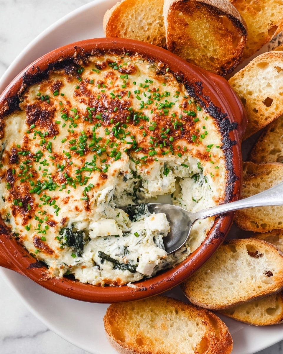 A round terracotta dish filled with a creamy white spinach and artichoke dip topped with a golden browned and slightly crispy cheese layer sprinkled with chopped green herbs, mostly chives. Part of the dip is scooped out, revealing the soft, smooth, and creamy texture inside mixed with visible spinach leaves. A metal spoon rests inside the dish with some dip on it. The dish is placed on a white plate with toasted baguette slices around it, which are golden brown with a crunchy texture. The setup is on a white marbled surface. Photo taken with an iphone --ar 4:5 --v 7