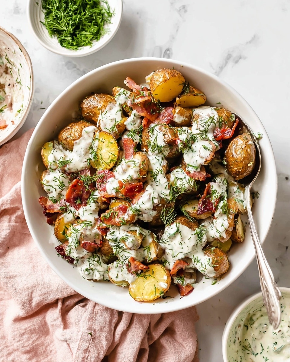 A white bowl filled with three main layers: at the bottom, halved roasted small potatoes with a golden-brown crispy skin and soft yellow inside; on top, small pieces of crispy cooked bacon scattered evenly; drizzled all over with a thick white creamy sauce speckled with green herbs, and sprinkled with fresh green dill. A silver spoon rests inside the bowl holding some of the potatoes covered in sauce. The bowl sits on a white marbled surface, next to a small white bowl of chopped green herbs and a bowl of extra bacon. A light pink cloth is beside the bowl. Photo taken with an iphone --ar 4:5 --v 7