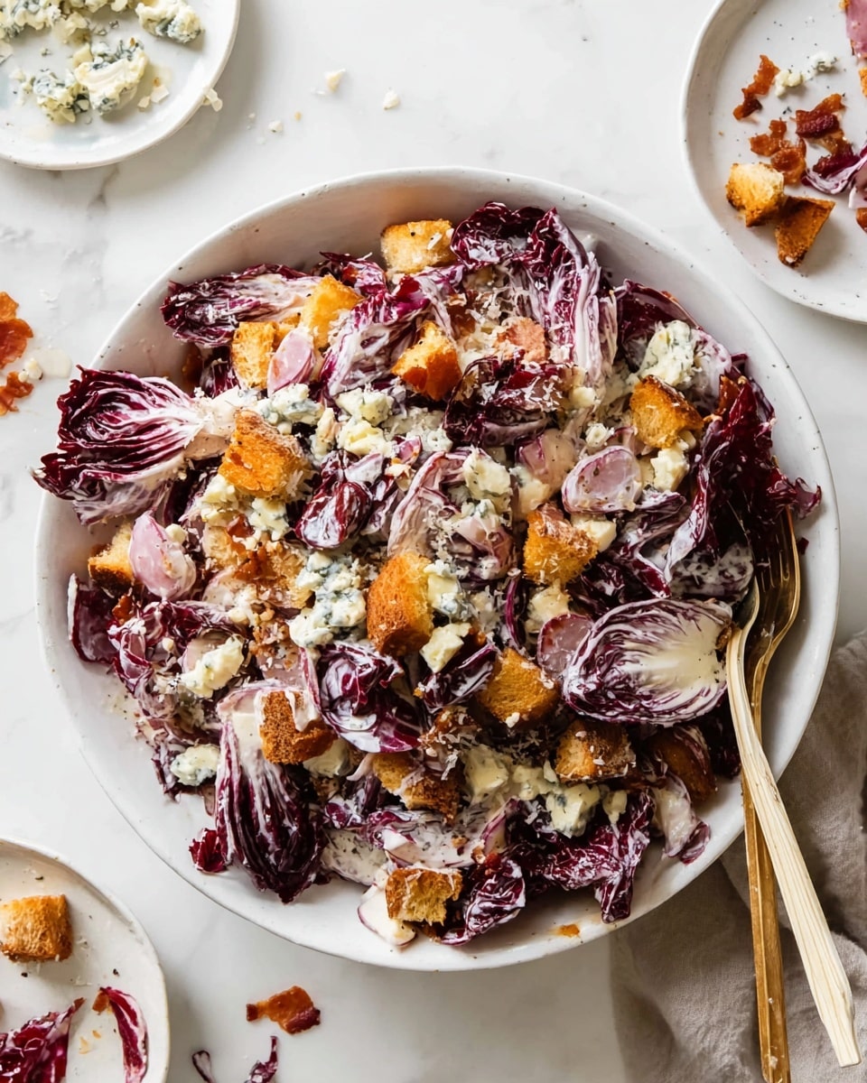 A large white plate filled with a salad made of three main layers: the bottom layer is leafy radicchio with deep purple and white streaks, covered in thin, light purple onion slices scattered throughout. The middle layer has golden-brown croutons with a toasted texture, mixed with small, crunchy bacon pieces in reddish-brown color. The top layer is a creamy white dressing coating the salad, along with chunks of blue cheese adding a pale yellow with blue mold detail. A pair of wooden forks rest on the right side of the plate, which sits on a white marbled surface with loose radicchio leaves and small bowls holding bits of blue cheese and bacon nearby. Photo taken with an iphone --ar 4:5 --v 7