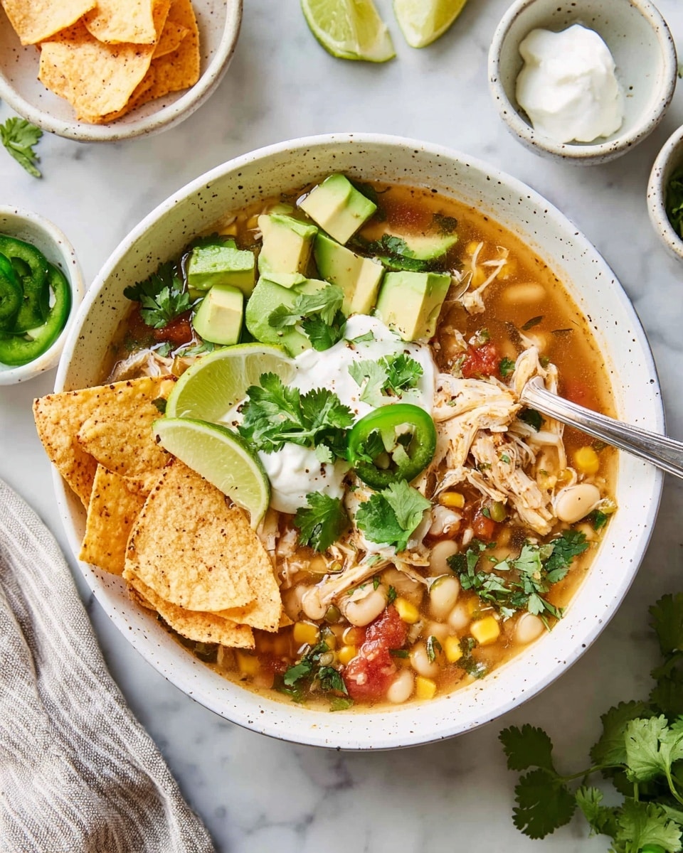 The image shows a bowl of soup with many layers, placed on a white marbled surface. The bottom layer is a warm, mixed soup broth containing corn, white beans, shredded chicken, and small pieces of red tomato. On top of the soup, there are several distinct layers: bright green cubed avocado pieces, dollops of white sour cream, thin green jalapeño slices, and fresh green cilantro leaves. On one side of the bowl, there are crisp, crunchy round tortilla chips with a light orange color and specks of seasoning. A wedge of lime is placed near the chips, adding a splash of bright green and yellow. The bowl is white with small dark speckles and contains a silver spoon resting inside the soup. Around the bowl, there are small white bowls with green jalapeño slices and white sour cream, along with scattered fresh cilantro leaves and extra tortilla chips. photo taken with an iphone --ar 4:5 --v 7