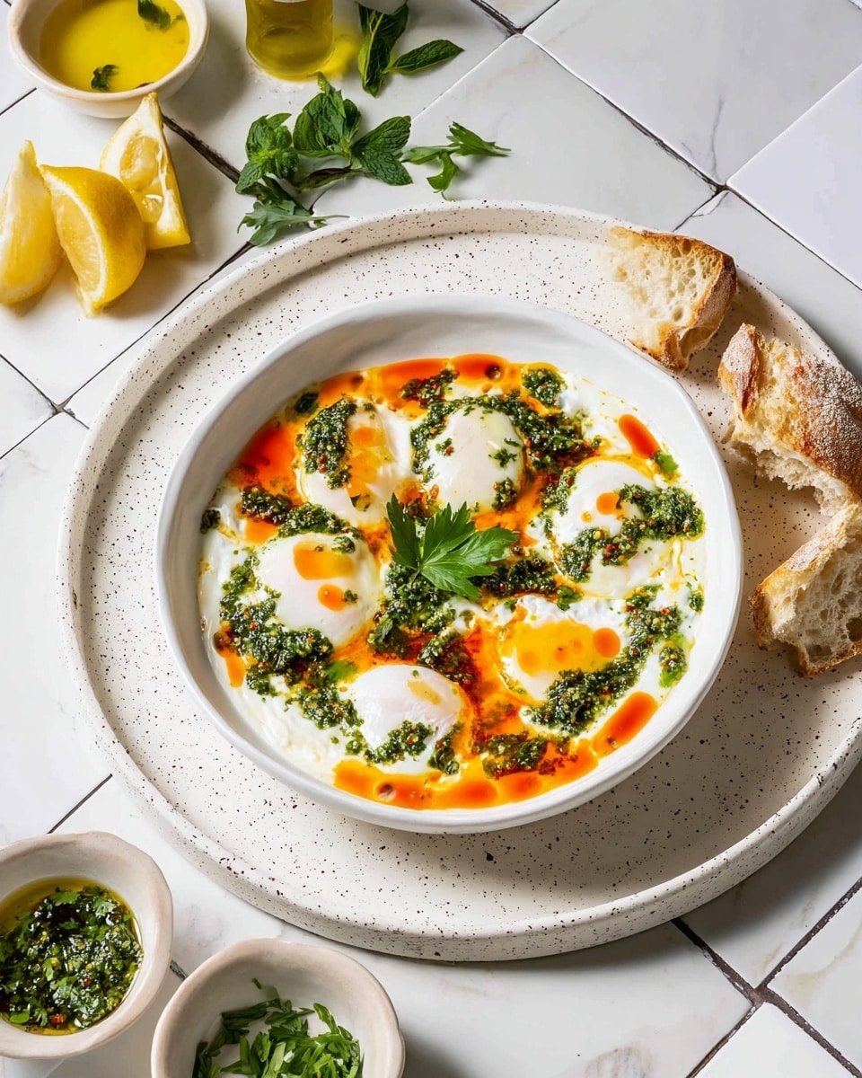 The dish is served in a white shallow bowl placed on a larger white speckled plate, both on a white marbled surface with a tiled pattern. The bowl contains five poached eggs sitting in a creamy white sauce layer. Bright orange-red chili oil is drizzled around and on top of the eggs, creating vibrant spots. Fresh green herb sauce with chopped herbs is scattered generously around and over the eggs, adding texture and color contrast. A small sprig of fresh parsley is placed at the center of the dish for garnish. To the right, pieces of torn bread rest on a white plate, slightly leaning against the bowl. Around the plate are fresh lemon halves, green herbs, and additional sauces in small white bowls, all set on the white marbled background. photo taken with an iphone --ar 4:5 --v 7