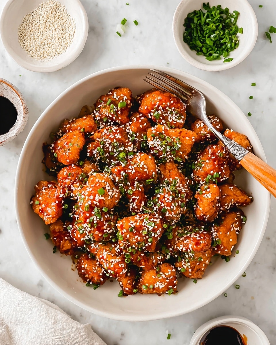 A round white bowl holds many pieces of golden brown fried chicken bites that are coated with a sticky reddish-brown sauce, each piece sprinkled generously with white sesame seeds and small bright green chopped chives. A silver fork with a wooden handle rests inside the bowl. Around the bowl, there are three small white dishes, one with more white sesame seeds, one with fresh green chives, and one with a dark glossy sauce. The scene is set on a white marbled texture surface. photo taken with an iphone --ar 4:5 --v 7