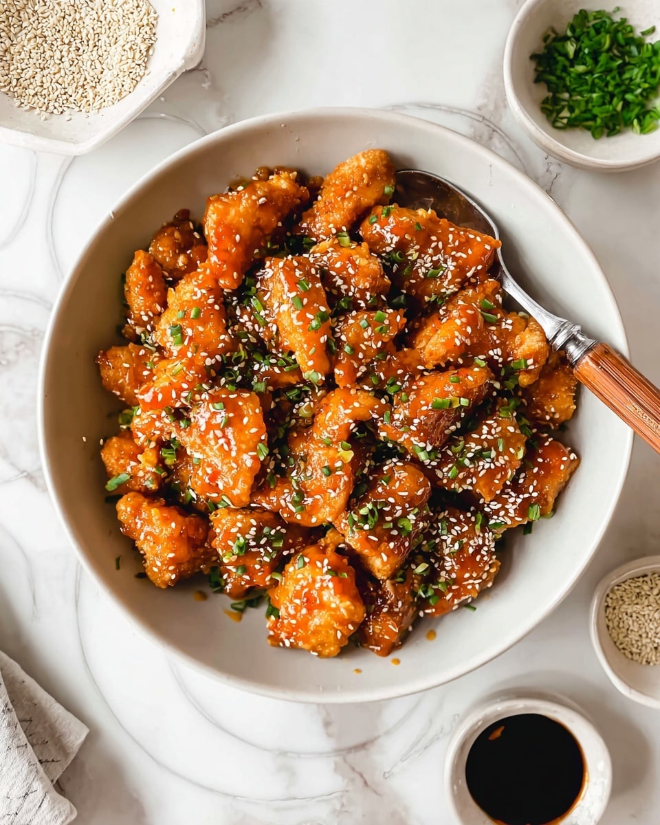 A white bowl is filled with crispy, golden-brown chicken pieces coated in a sticky, shiny orange glaze. The chicken is sprinkled with small white sesame seeds and chopped green chives, adding texture and color contrast. A silver fork with a wooden handle rests inside the bowl at the right edge. Around the bowl, there are small white dishes holding more sesame seeds, chopped chives, and a dark sauce. The background is a white marbled texture with a subtle circular pattern. Photo taken with an iphone --ar 4:5 --v 7