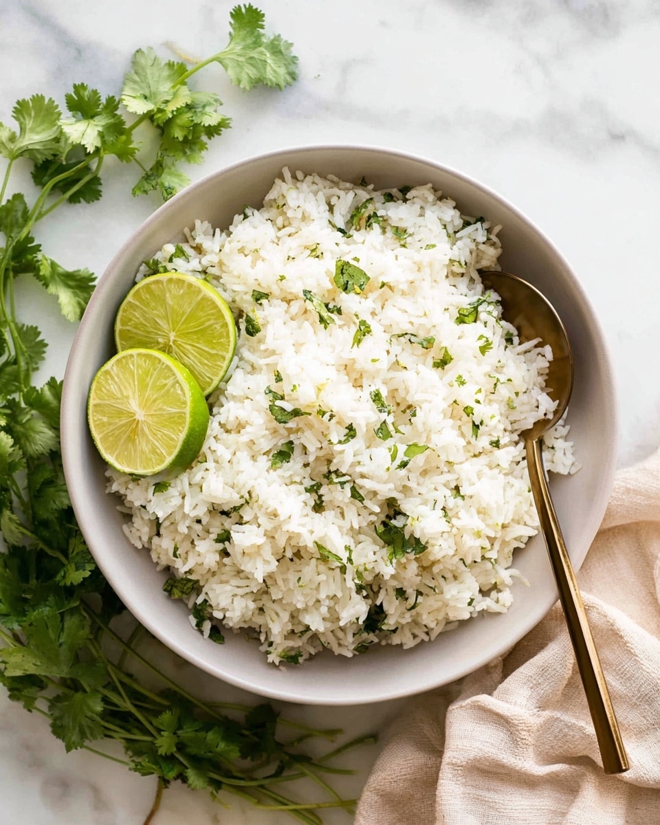 A bowl filled with white cooked rice mixed with small green cilantro leaves, giving a fresh look to the fluffy texture; the bowl is white and round, with two squeezed lime halves placed on the left side inside the bowl; a golden spoon is partially inserted into the rice on the right side, resting on the bowl's edge; fresh cilantro sprigs are placed near the bowl on the white marbled surface, which serves as the background; a soft cream-colored cloth is casually placed in the lower right corner. photo taken with an iphone --ar 4:5 --v 7