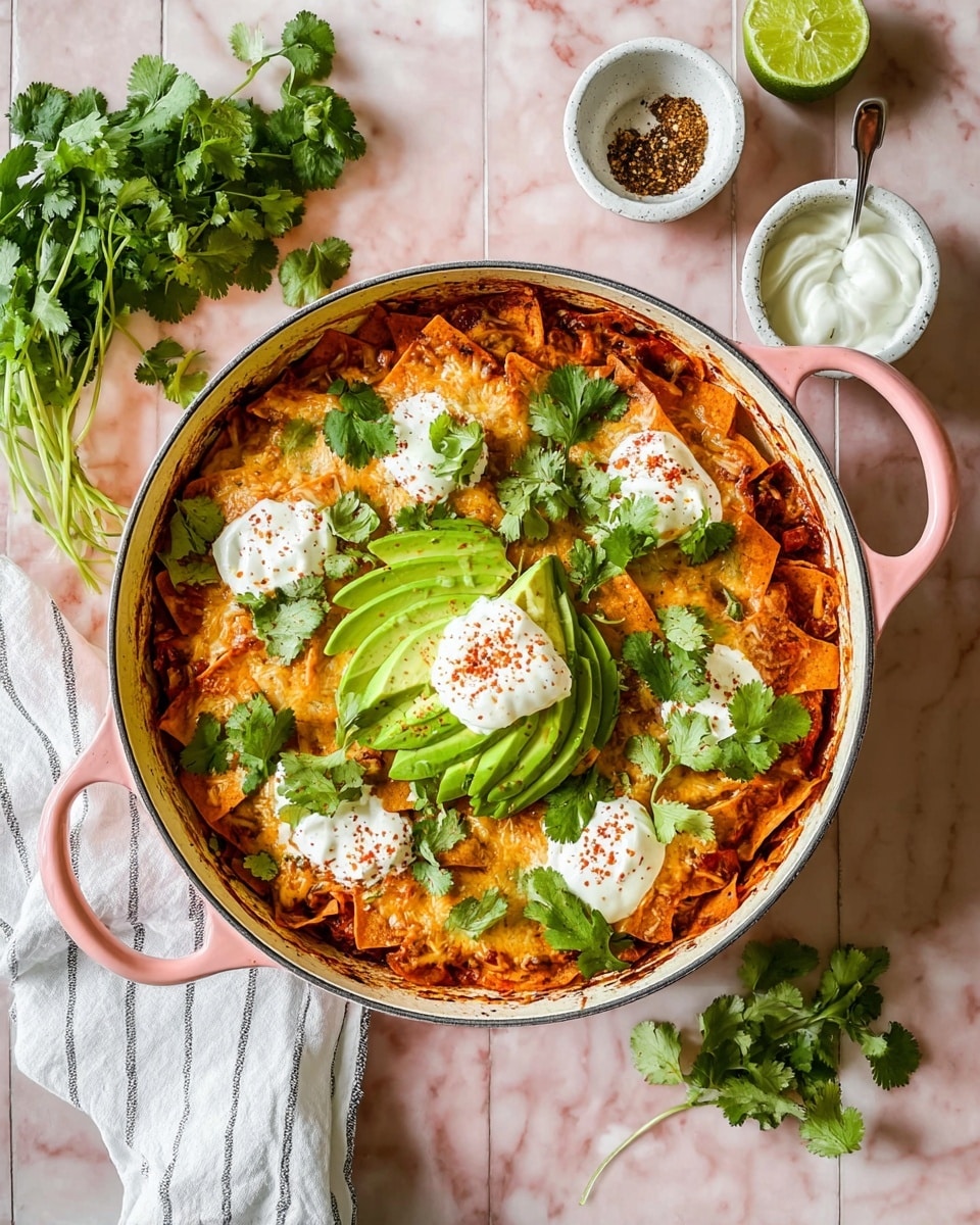 A round pink handled pot filled with three main layers: the bottom layer has crispy baked tortilla chips in a rich red sauce, the middle layer is melted golden cheese covering the chips, and the top layer shows several slices of fresh bright green avocado arranged in small fans, dollops of white sour cream sprinkled with red chili powder, and bright green cilantro leaves scattered all over. The pot is placed on a white marbled texture with loose cilantro sprigs nearby, a white cloth with stripes, and three small white bowls containing sour cream, half a squeezed lime with cilantro, and ground spices. Photo taken with an iphone --ar 4:5 --v 7