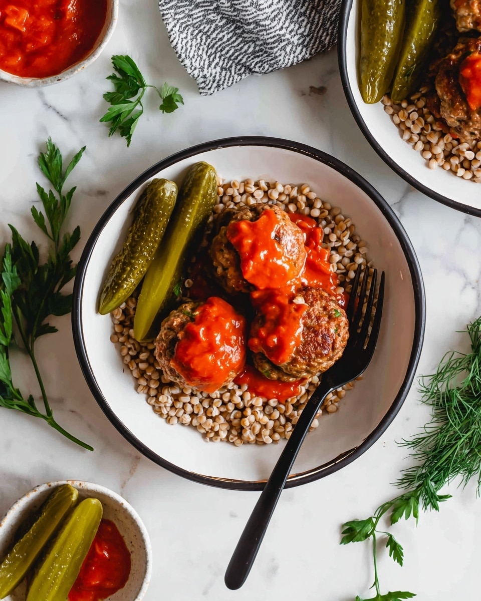 A white plate with a black rim holds three browned meat patties covered with bright red chunky tomato sauce, placed on a bed of light brown cooked buckwheat. To the side of the patties are three green pickle spears arranged in a fan shape. A black fork sits on the right edge of the plate, partially resting inside. Around the main plate are sprigs of fresh green herbs and small white dishes with more pickles and bright red sauce, all set on a white marbled surface. photo taken with an iphone --ar 4:5 --v 7